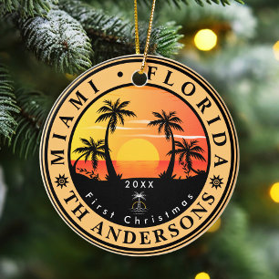 Miami Beach Florida Retro Sonnenuntergang Palme 80 Keramik Ornament
