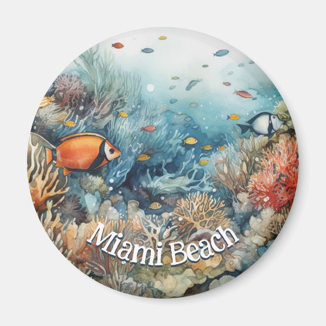 Miami Beach Korallenriff und Fische Aquarell Magnet (Vorne)