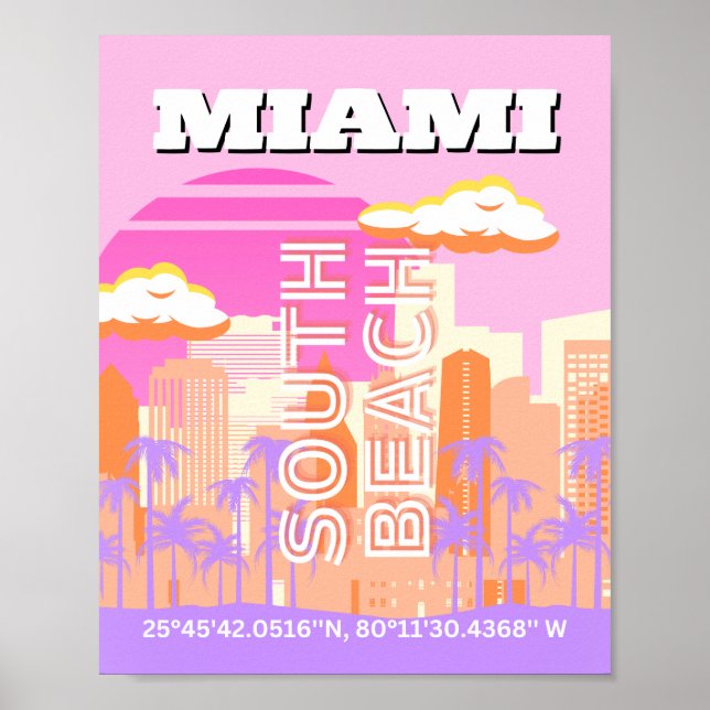 Miami Beach, Miami Travel Art, Preppy Room, Pink Poster (Vorne)