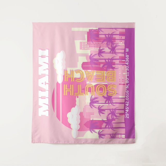 Miami Beach, Miami Travel Art, Preppy Room, Pink Wandteppich (Vorderseite)