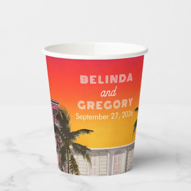 Miami Beach Rainbow Row Charleston Palm Wedding Pappbecher (Links)