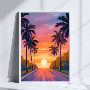 Miami Beach Sonnenuntergang Palme Tropisch Poster