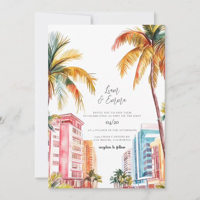 Miami Beach Watercolor Wedding Einladung (Vorderseite)