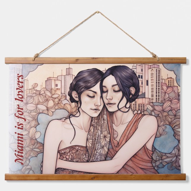 Miami Downtown Women Cuddling Lesbians Zeichnend Wandteppich Mit Holzrahmen (Vorne)