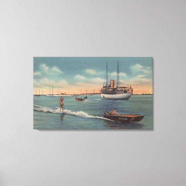 Miami, FL - Wasserski, Holzboot Leinwanddruck (Vorderseite)
