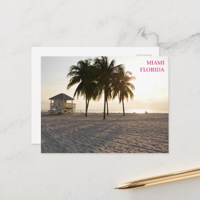 Miami Florida Beach Palms Lifeguard Postkarte (Vorderseite/Rückseite Beispiel)