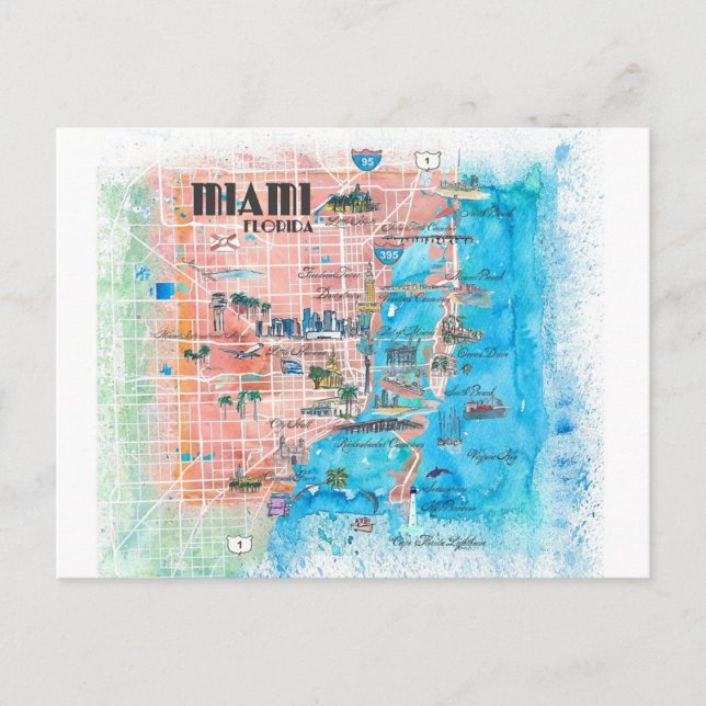 Miami Florida Illustriert Map Postkarte (Vorderseite)