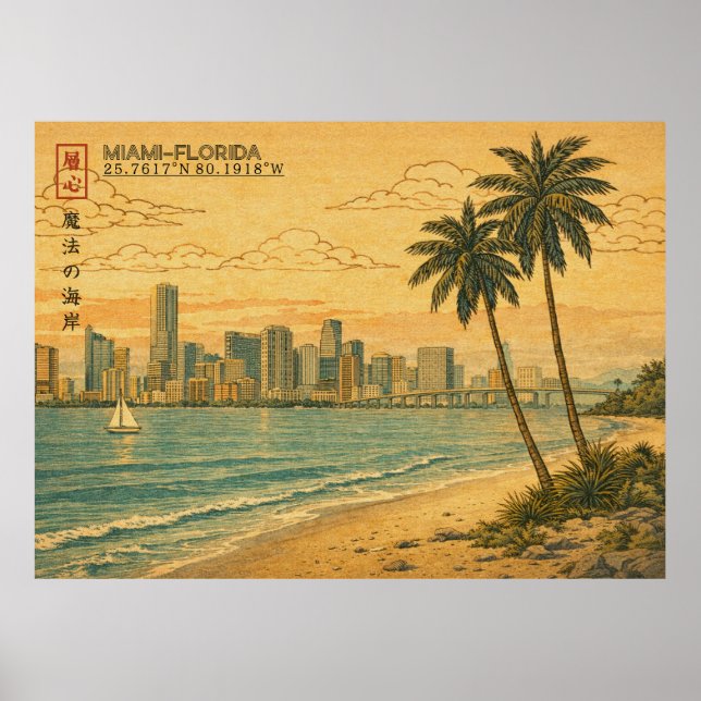 Miami Florida Skyline in Japanese Ukiyo-e Poster (Vorne)
