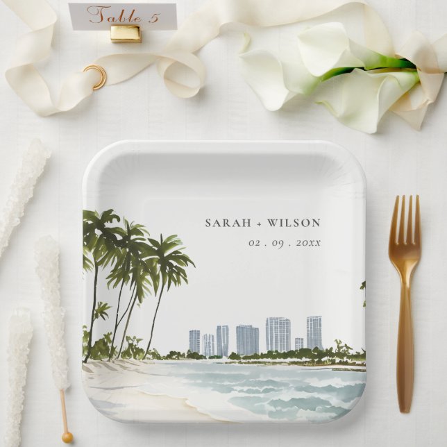 Miami Florida Wasserfarbenpalme Landschaft Hochzei Pappteller (Hochzeit)