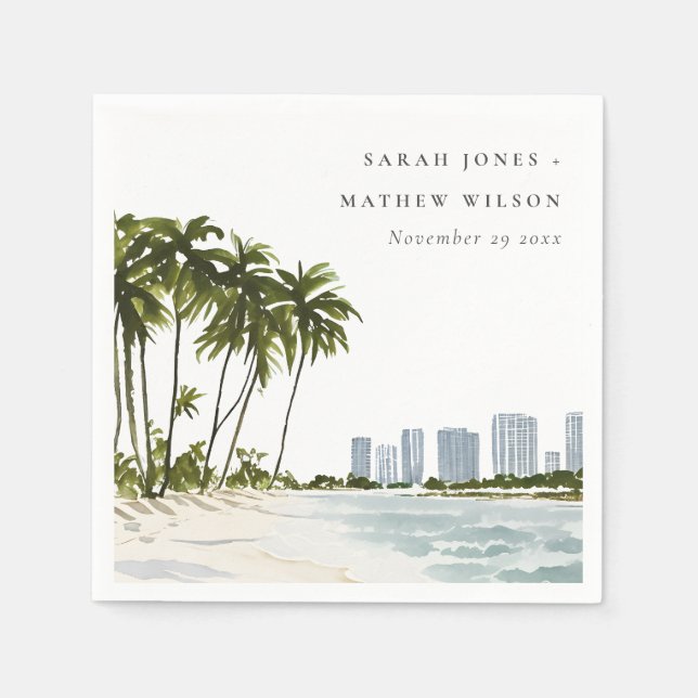 Miami Florida Wasserfarbenpalme Landschaft Hochzei Serviette (Vorderseite)