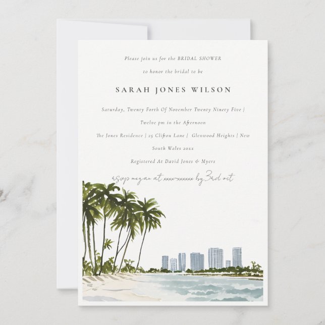 Miami Florida Watercolor Palm Beach Brautparty Einladung (Vorderseite)