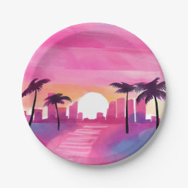 Miami in Pink | Helle Aquarellmalerei Pappteller