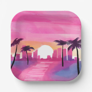 Miami in Pink   Helle Aquarellmalerei Pappteller