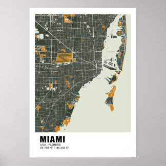 Miami Map Poster - Miami Green & Gold Karte