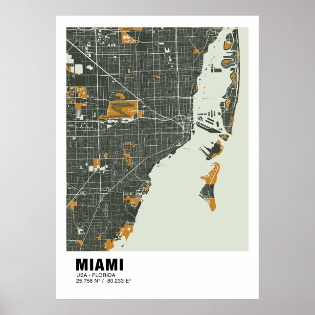 Miami Map Poster - Miami Green & Gold Karte (Vorne)