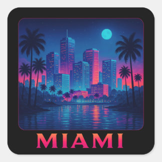 Miami Moonrise - Neon-Skyline Quadratischer Aufkleber