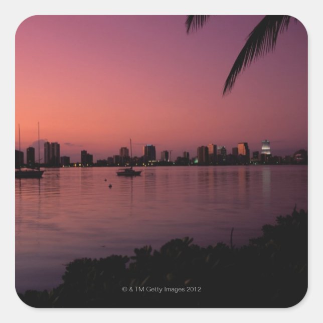 Miami Skyline bei Sunset Quadratischer Aufkleber (Vorderseite)