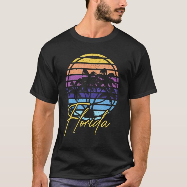 Miami Skyline Florida Palmen Beach Sunset Funn T-Shirt (Vorderseite)