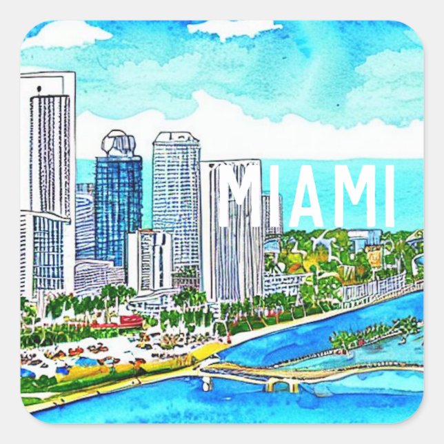 Miami Skyline Tropical Postcard Quadratischer Aufkleber (Vorderseite)