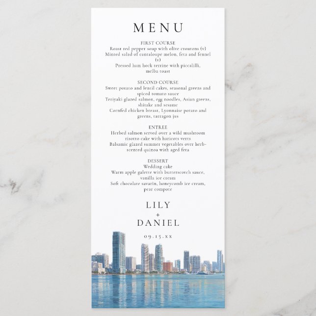 Miami Skyline Watercolor Destination Wedding Menükarte (Vorderseite)