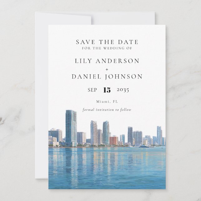 Miami Skyline Watercolor Destination Wedding Save The Date (Vorderseite)