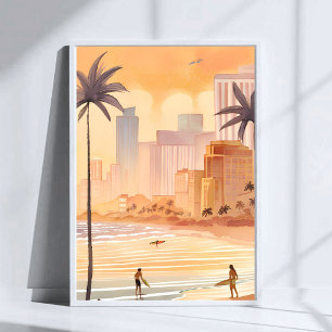 Miami Sunrise   Gelbe Wasserfarben-Skyline-Malerei Poster
