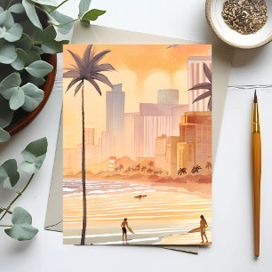 Miami Sunrise   Yellow Watercolor Skyline-Malerei Postkarte