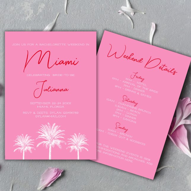 Miami Tropical Palms Bachelorette Weekend Einladung (Miami Tropical Palms Bachelorette Weekend Invitation bold pink and red)