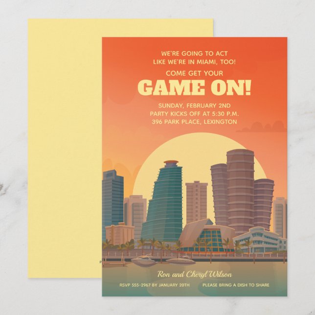 Miami Waterfront Game On Football Party Einladung (Vorne/Hinten)