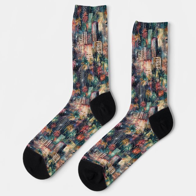 Miami zu Weihnachten und Neujahr in Wasserfarben Socken (Linkes Detail)