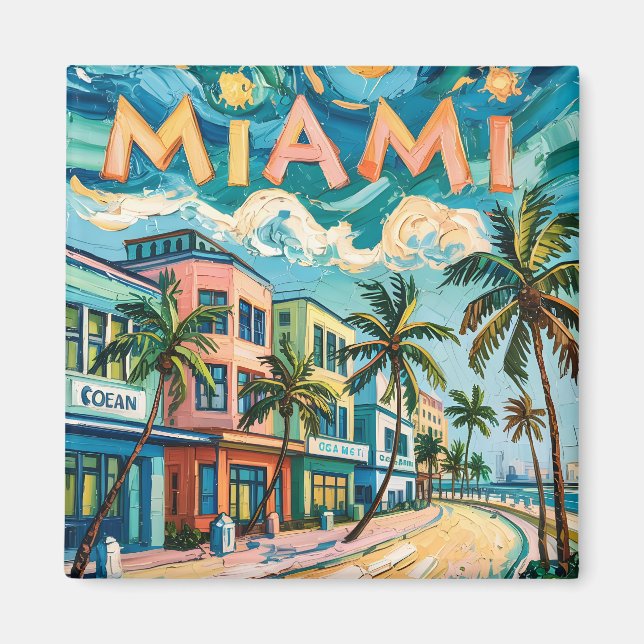 Miamis Ocean Drive Travel Art in Van Gogh's Style Magnet (Vorne)
