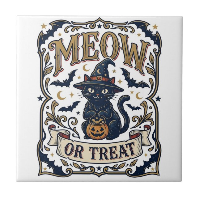 Miau oder Behandle Katze Halloween Gruselige Katze Fliese (Vorderseite)