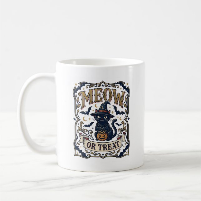 Miau oder Behandle Katze Halloween Gruselige Katze Kaffeetasse (Links)