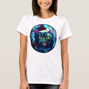 Miauende Buntglas-Weihnachts-Schwarze-Katze T-Shirt