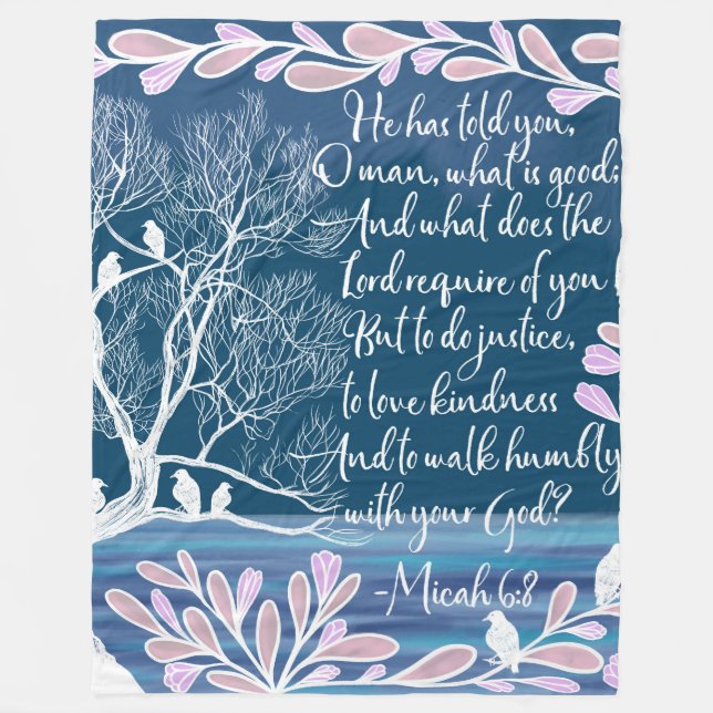 Micah 6:8 Aquamarines Blaues Blaues Baum Vogelbibe Fleecedecke (Vorderseite)
