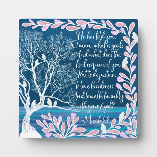 Micah 6:8 Aquamarines Blaues Blaues Baum Vogelbibe Fotoplatte (Vorderseite)