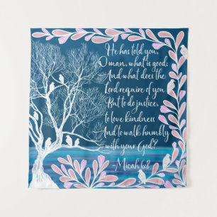 Micah 6:8 Aquamarines Blaues Blaues Baum Vogelbibe Wandteppich