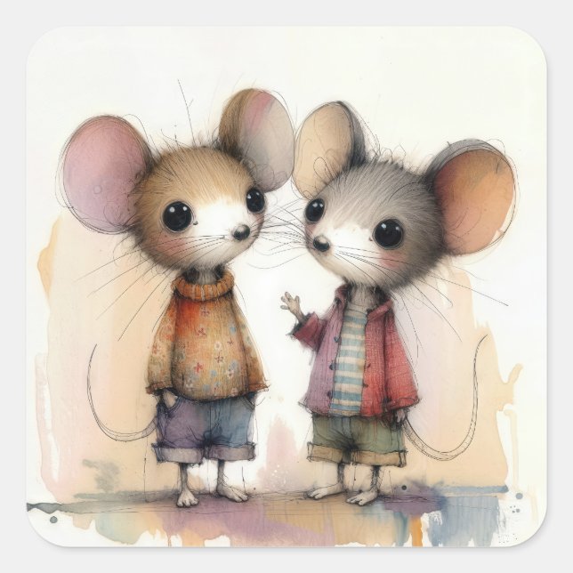 Mice Watercolor Quadratischer Aufkleber (Vorderseite)