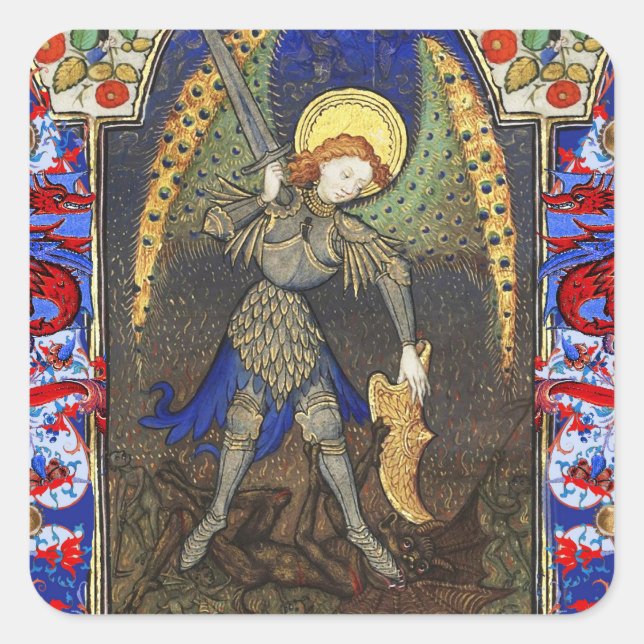 Michael der Erzengel mit dem Teufel, rote Drachen Quadratischer Aufkleber (Vorderseite)