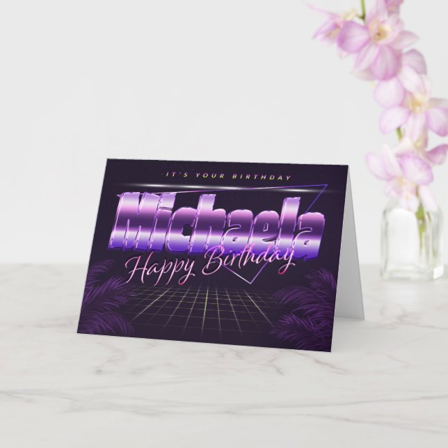 Michaela Nom Prénom carte rétro lilas Anniversaire (Orchidée)