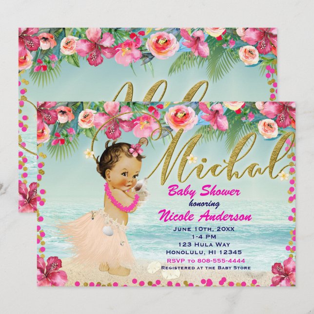 MICHAL Aloha Baby Dusche Hawaiian Retro Beach Einladung (Vorne/Hinten)