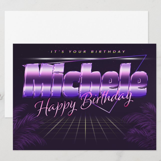 Michele Prénom lila retro Carte Anniversaire (Devant / Derrière)