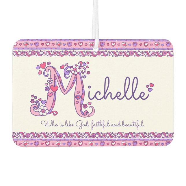 Michelle Letter M Name bedeutet lila rosa Autolufterfrischer (Vorderseite)