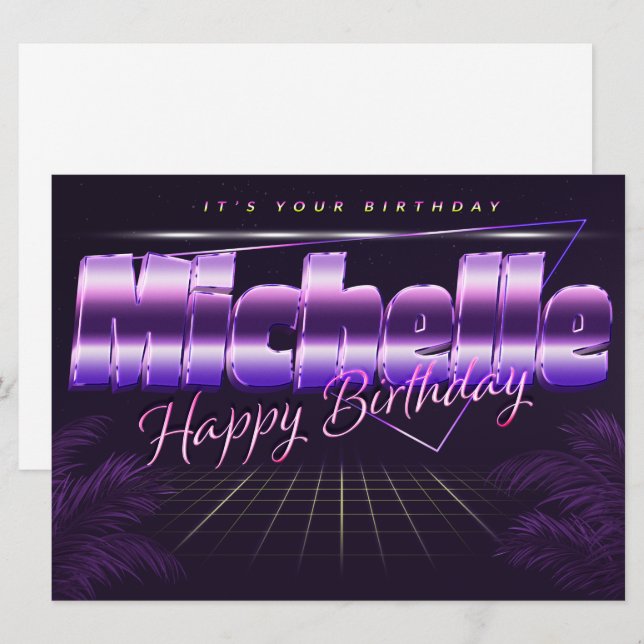 Michelle Name Vorname lila retro Karte Geburtstag (Vorne/Hinten)