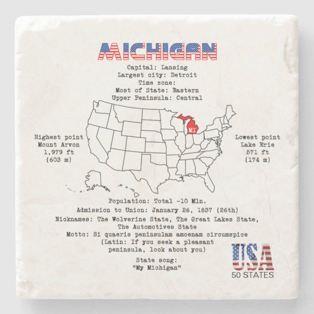 Michigan American Staat auf einer Karte und nützli Steinuntersetzer (Vorderseite)