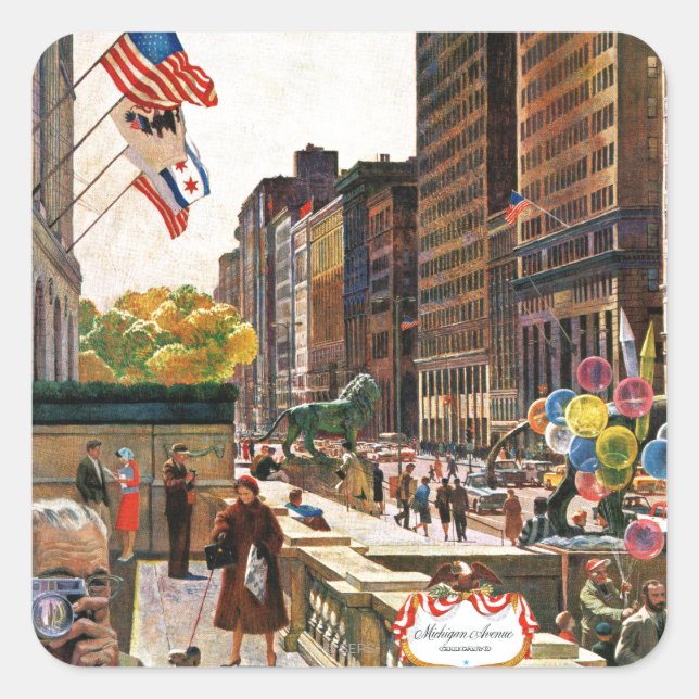 Michigan Avenue, Chicago von John Falter Quadratischer Aufkleber (Vorderseite)