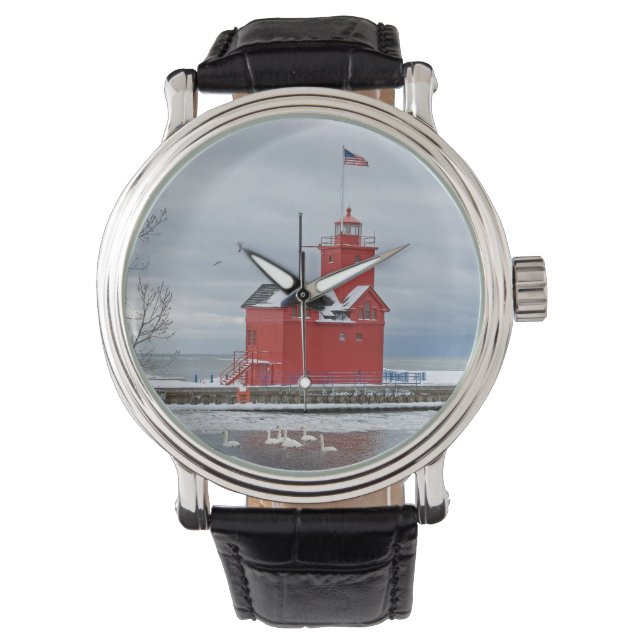 Michigan Big Red Lighthouse mit Winter Swans Armbanduhr (Vorderseite)