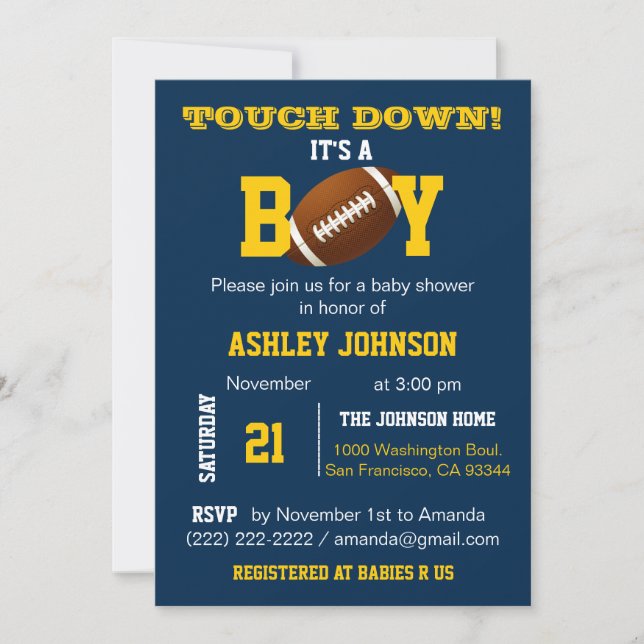 Michigan Blue Yellow Football Theme Baby Dusche Einladung (Vorderseite)