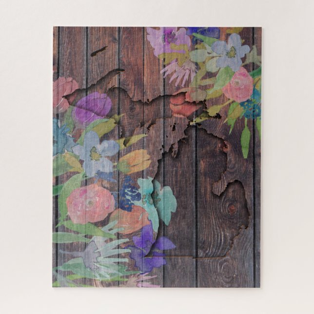 Michigan Carved Wood | Aquarellfarbene Blume (Vertikal)