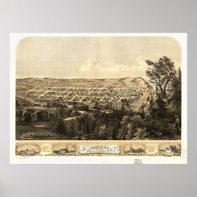 Michigan City Indiana 1869 Antike Panoramakarte Poster (Vorne)